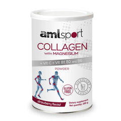 AML Sport Collagen powder with Magnesium, Vitamin C and B vitamins in Strawberry flavor, 350g – front view.