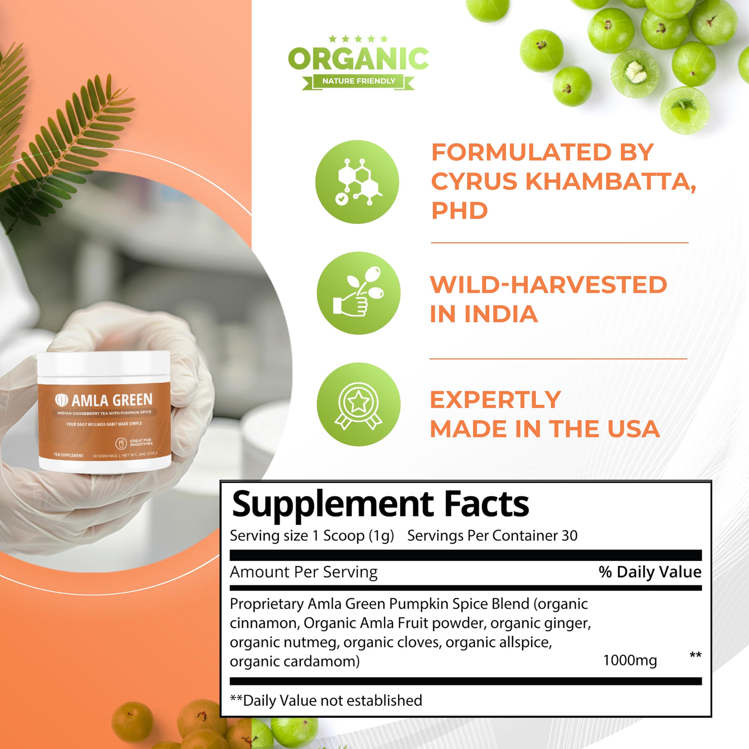 Amla Green ingredients show non-GMO vegan gluten-free