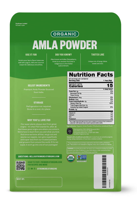 Back of FGO Organic Amla Powder 16oz package