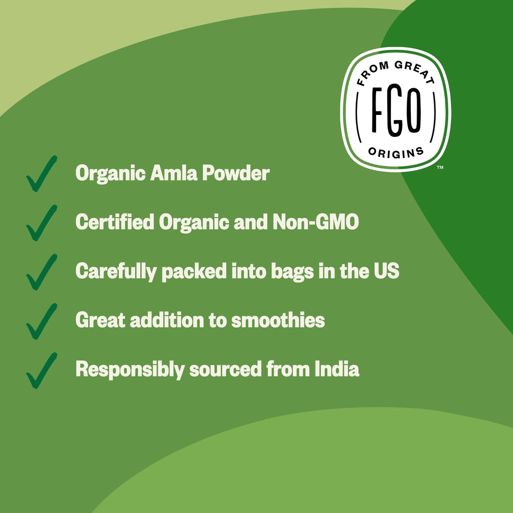 Amla powder label with USDA Organic and Non-GMO seals