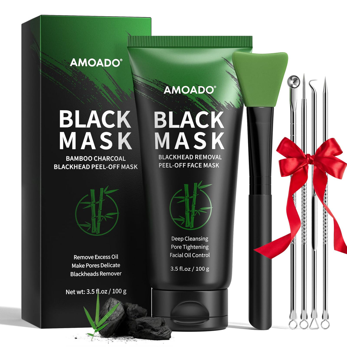 AMOADO blackhead remover mask jar shows deep-cleansing charcoal formula.