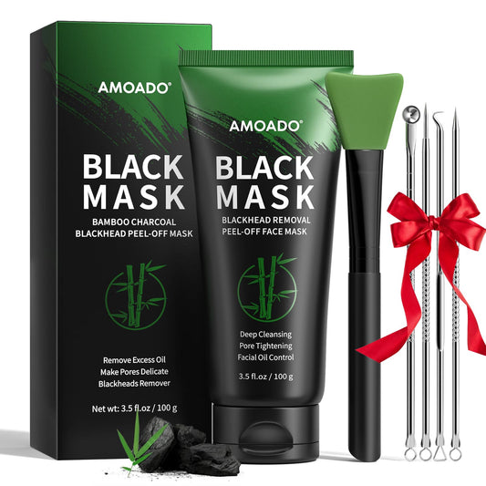 AMOADO blackhead remover mask jar shows deep-cleansing charcoal formula.