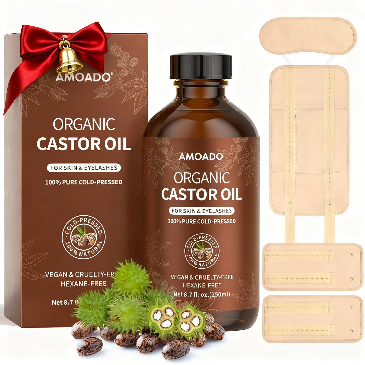 AMOADO Organic Castor Oil Pack Wrap Kit bottle in amber glass