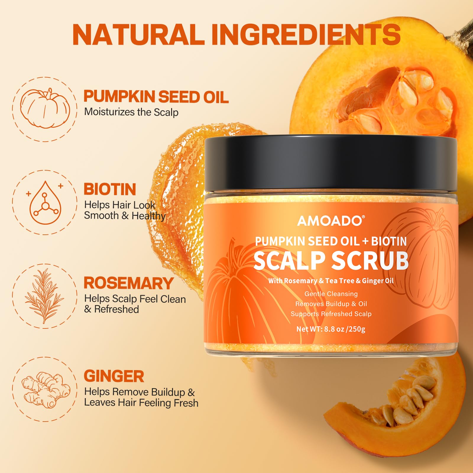 AMOADO Scalp Scrub with biotin supports healthier roots and vitality.