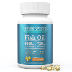AMORNING Fish Oil Softgels bottle front label showing 180-count 1440mg