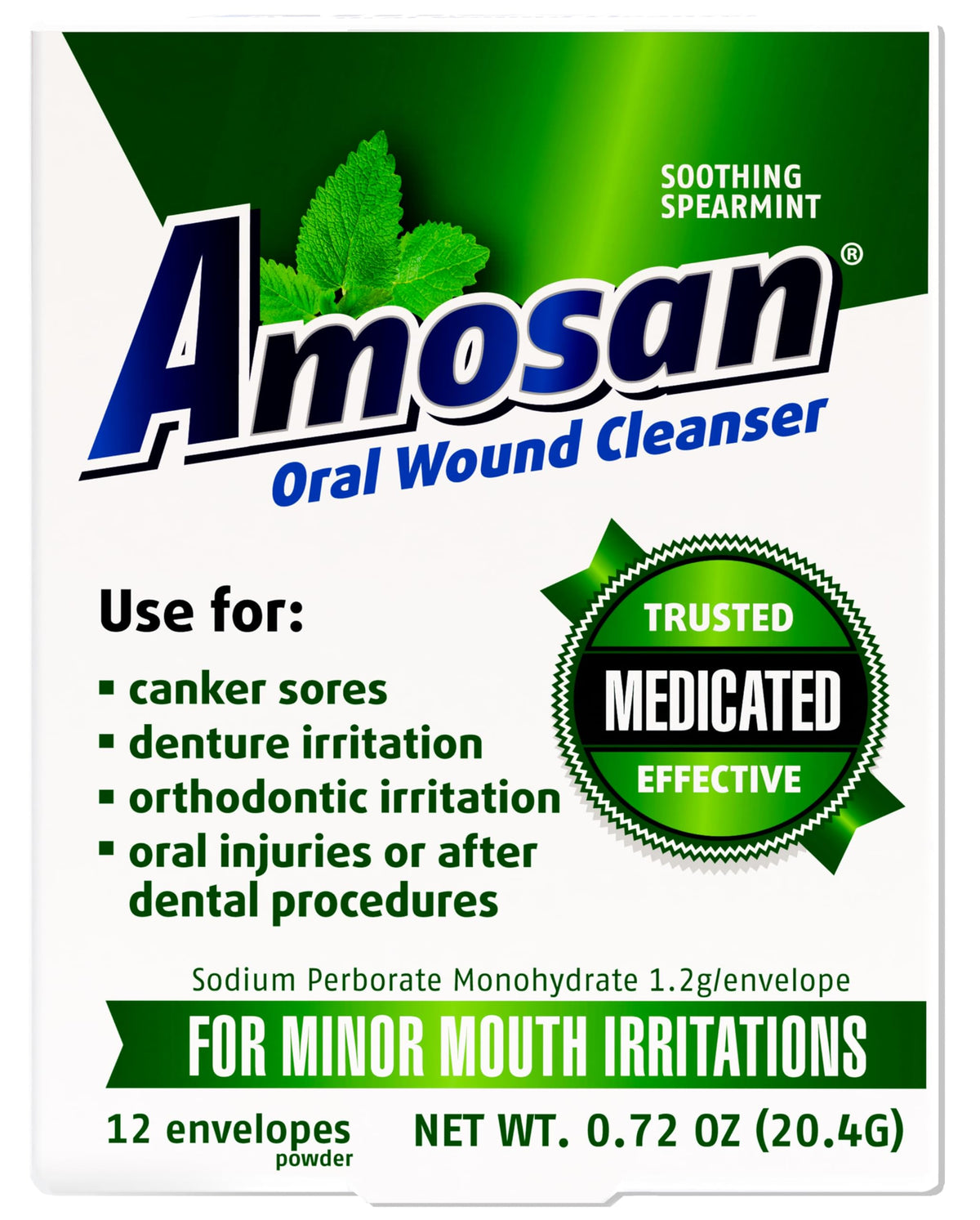 Amosan Oral Wound Cleanser Spearmint bottle and packaging