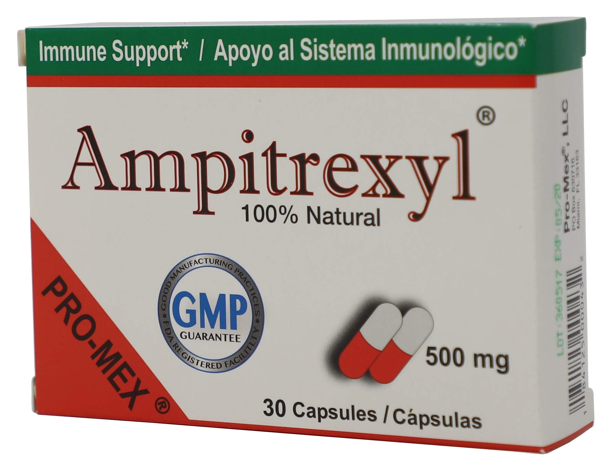 Ampitrexyl 500mg capsules bottle – back label with supplement facts