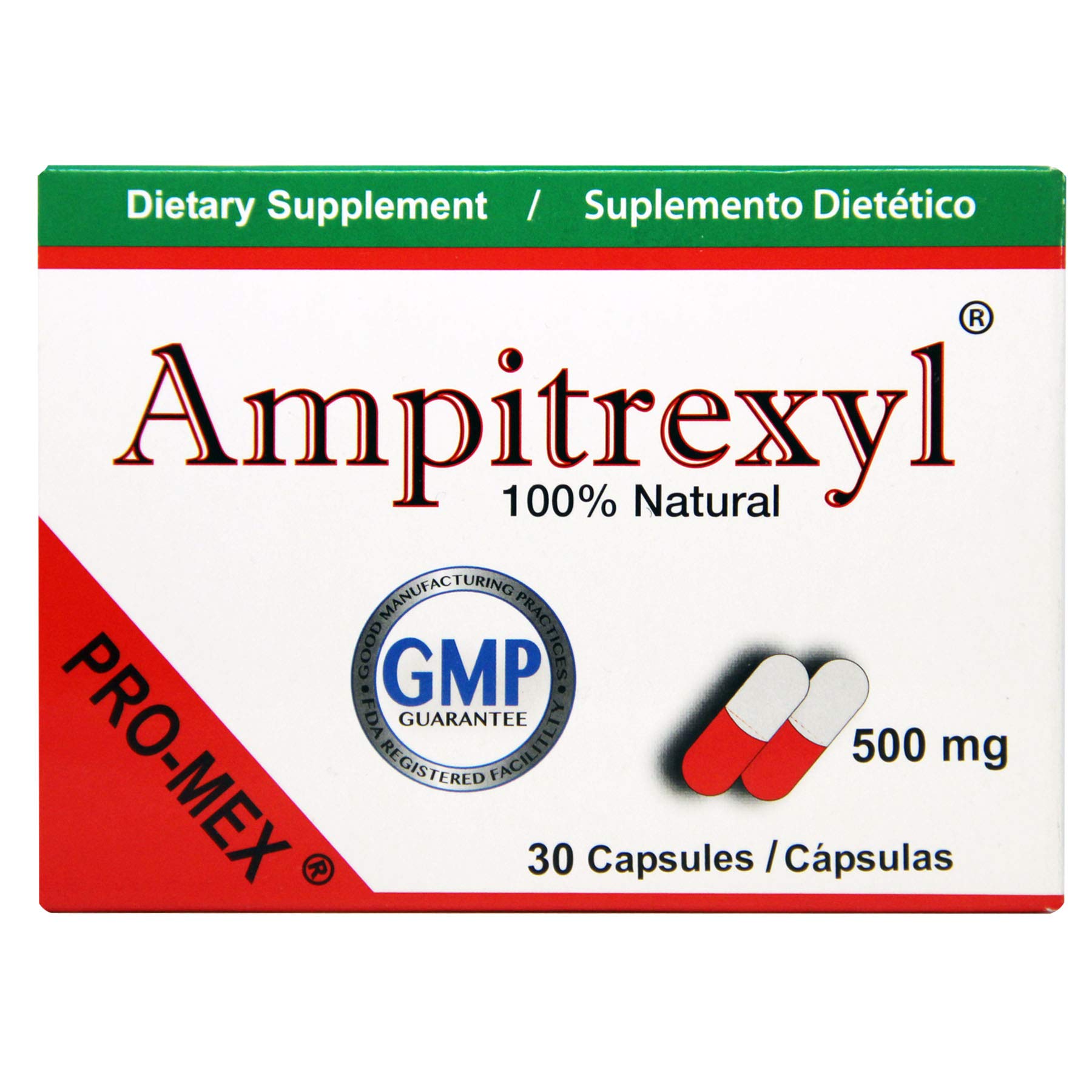 Ampitrexyl 500mg capsules bottle – front view (30-count)