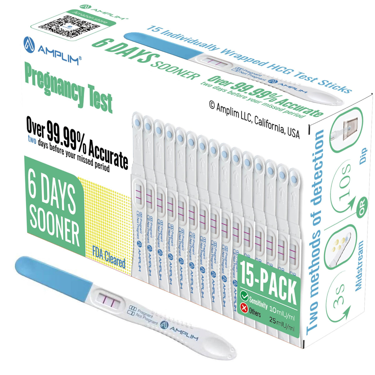 Amplim pregnancy test sticks in a 15-pack