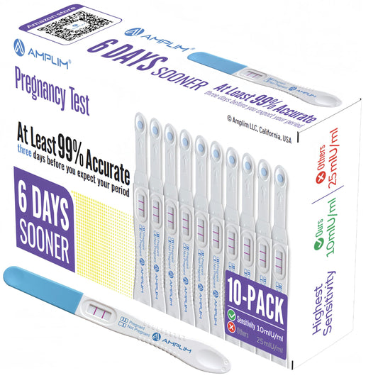 Amplim 10-pack midstream pregnancy tests with 10 mIU/mL sensitivity
