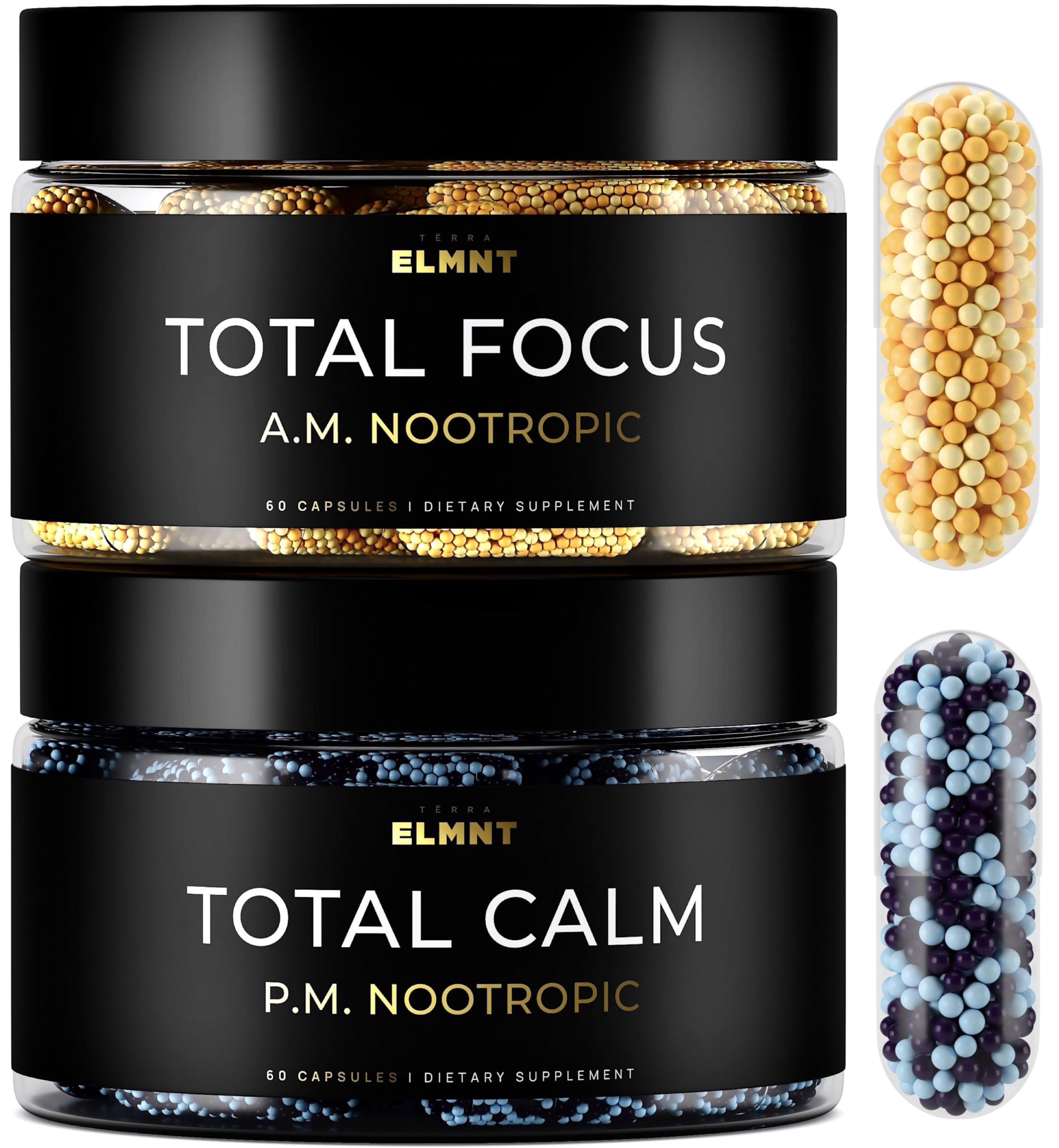 AMPM Total Focus + Calm bottle label with Alpha GPC and caffeine