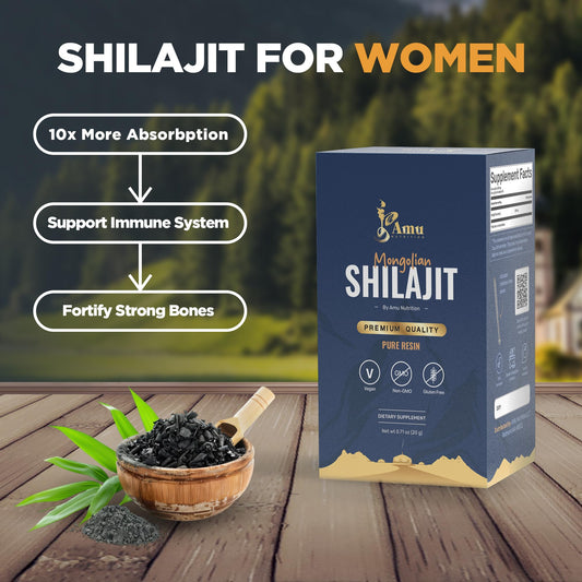 Glass jar of AMU Nutrition Shilajit with instructions