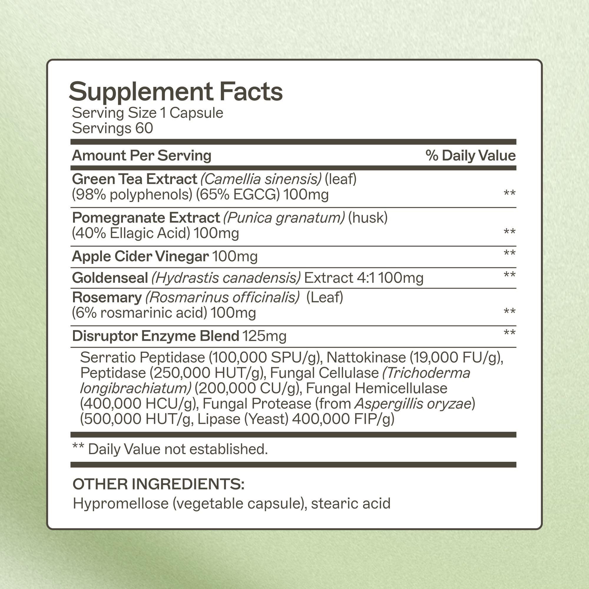 Close-up of Biofilm Disruptor bottle label and capsules