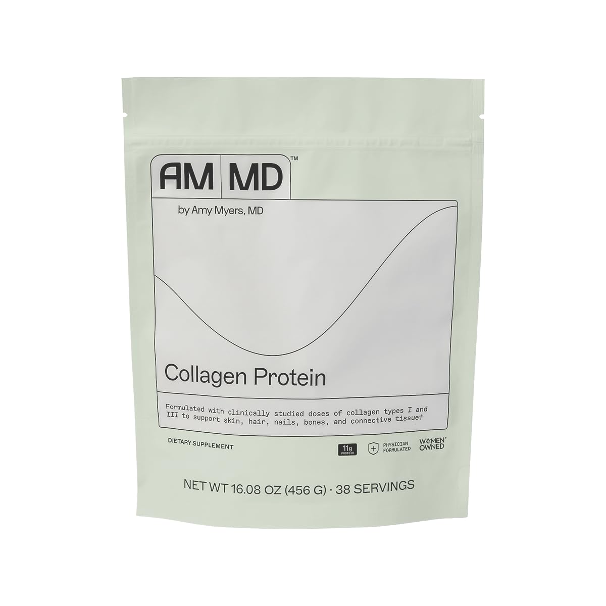 Amy Myers MD collagen protein powder bottle; gluten-free and dairy-free formula for skin and nails.