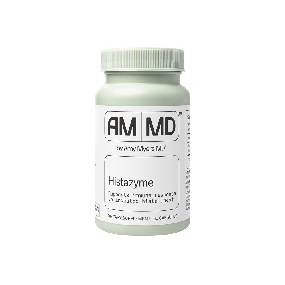 Amy Myers MD Histazyme DAO bottle label highlights histamine-digesting enzyme benefits.