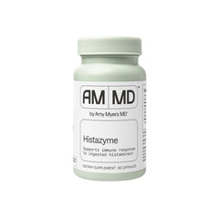 Amy Myers MD Histazyme DAO bottle label highlights histamine-digesting enzyme benefits.