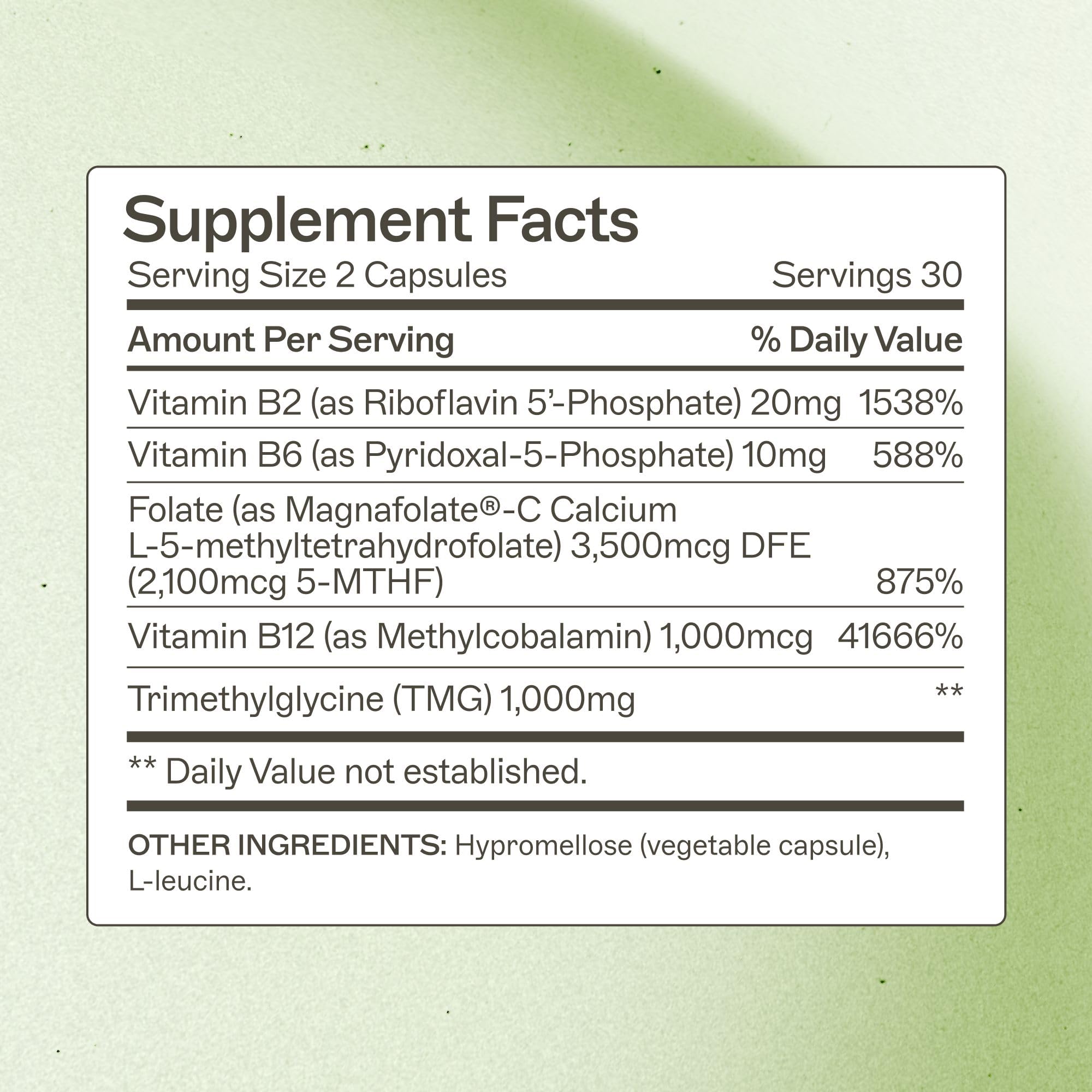 Methylation Support bottle label highlighting MTHFR and B vitamins