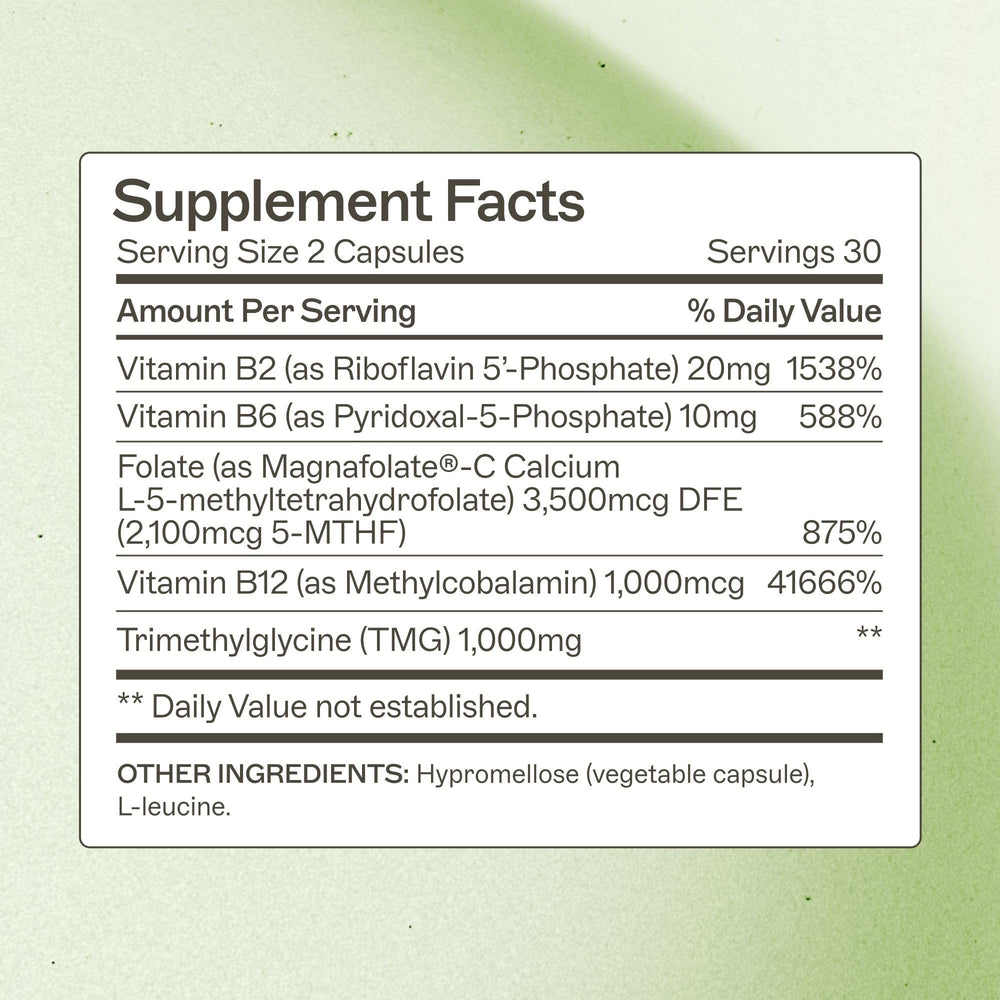 Methylation Support bottle label highlighting MTHFR and B vitamins