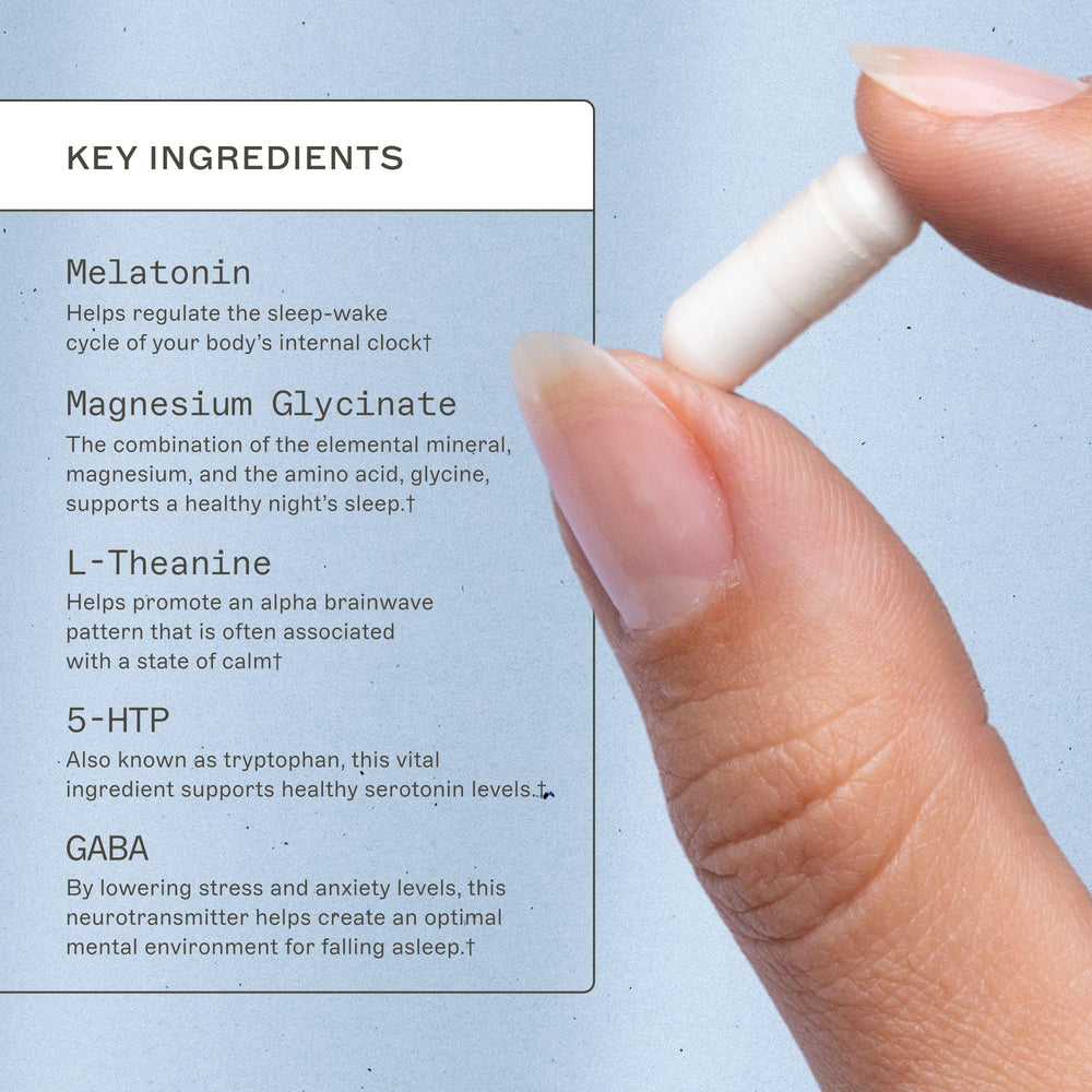 Ingredients list highlighting melatonin, GABA, magnesium glycinate, and valerian root