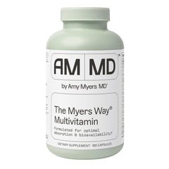 Amy Myers MD The Myers Way Multivitamin bottle front with gluten-free, iron-free formula.