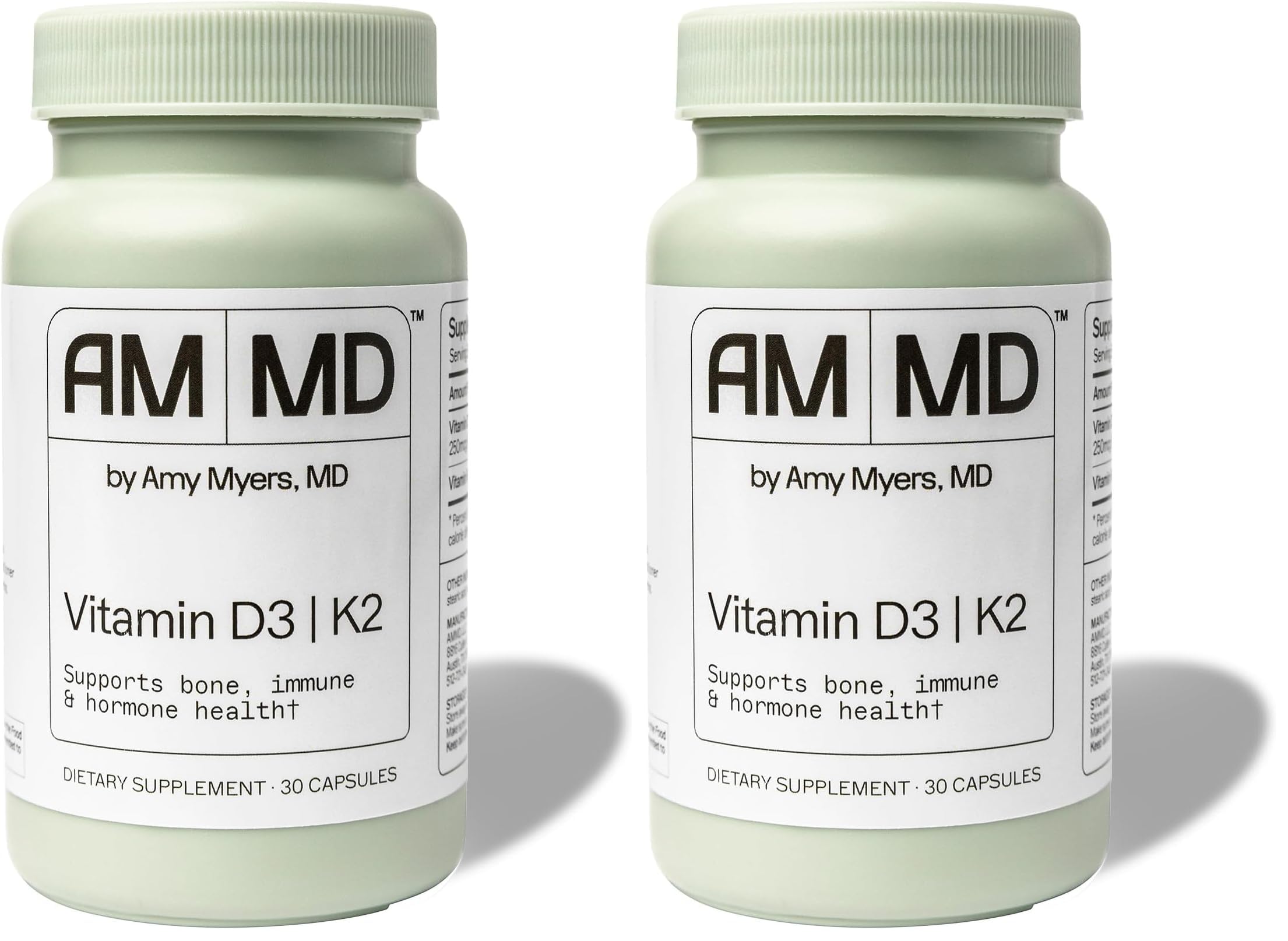 Amy Myers MD Vitamin D3/K2 bottle shows dosage for bone and immune support.
