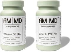 Amy Myers MD Vitamin D3/K2 bottle shows dosage for bone and immune support.