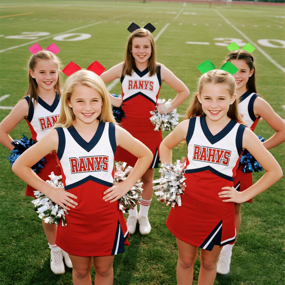 Amybasic bows in action on a cheerleader, demonstrating lively movement