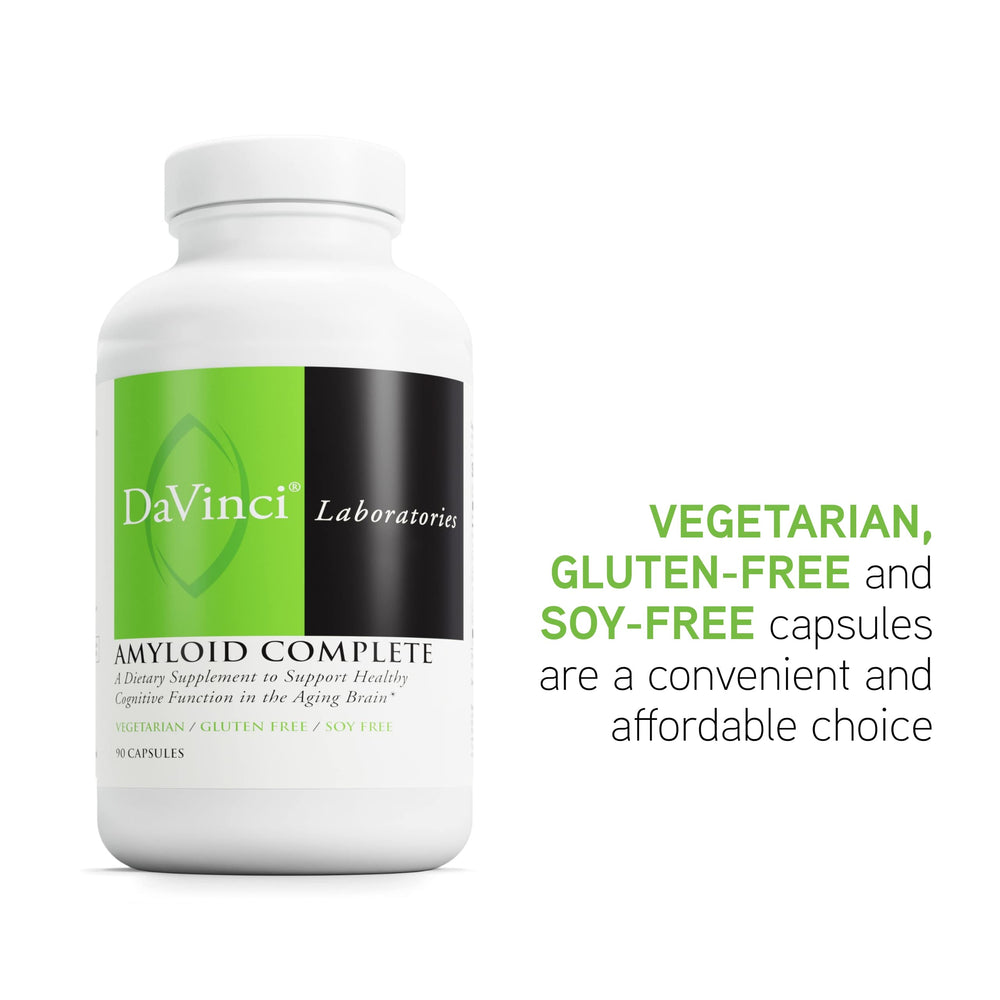 Label highlighting gluten-free and vegetarian capsules for Amyloid Complete