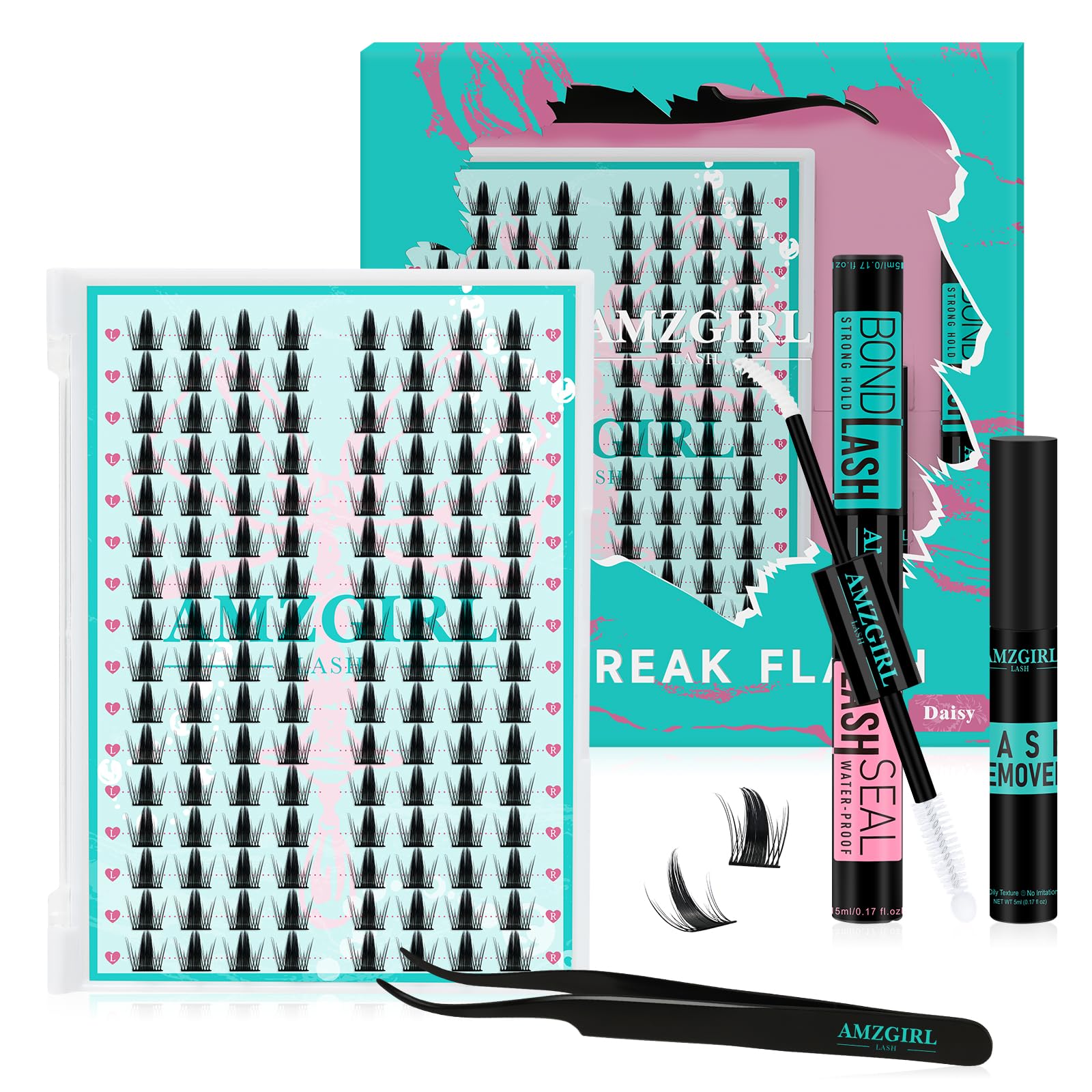 AMZGIRL LASH clusters kit 128pcs—left and right view for easy, natural-looking lash extensions.