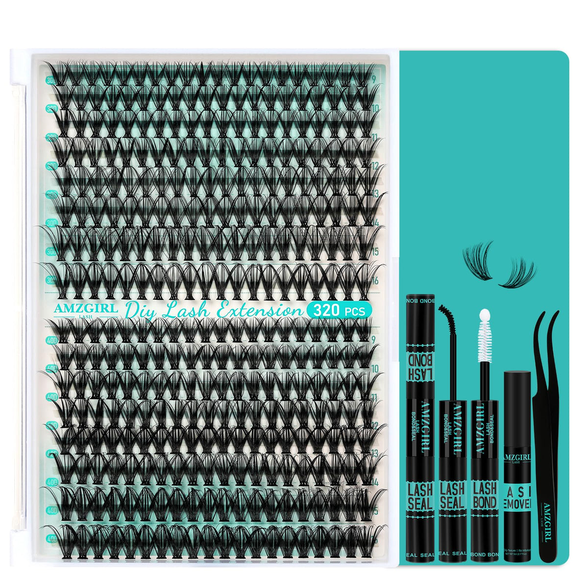 AMZGIRL LASH clusters kit 320pcs with 9-16mm variety for at-home lash setup