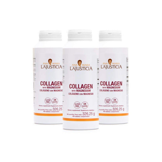 Front view of Ana Maria Lajusticia 3-pack collagen pills packaging