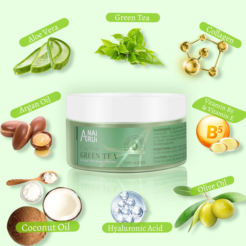 Close-up of ANAI RUI Green Tea Mask jar reveals creamy clay texture for easy application