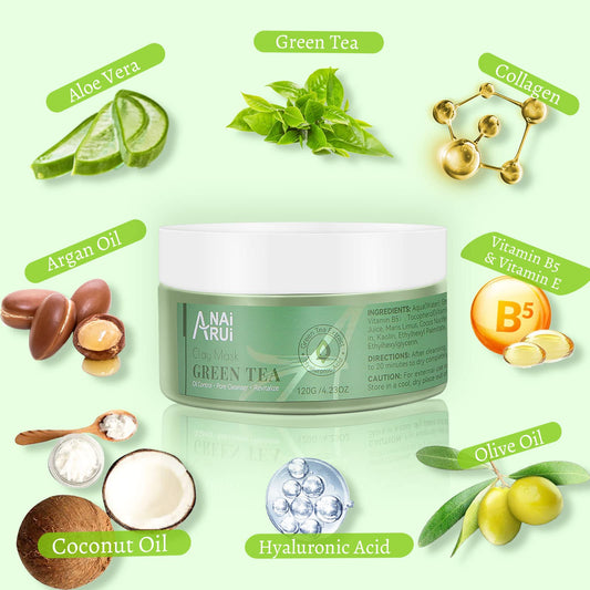 Close-up of ANAI RUI Green Tea Mask jar reveals creamy clay texture for easy application