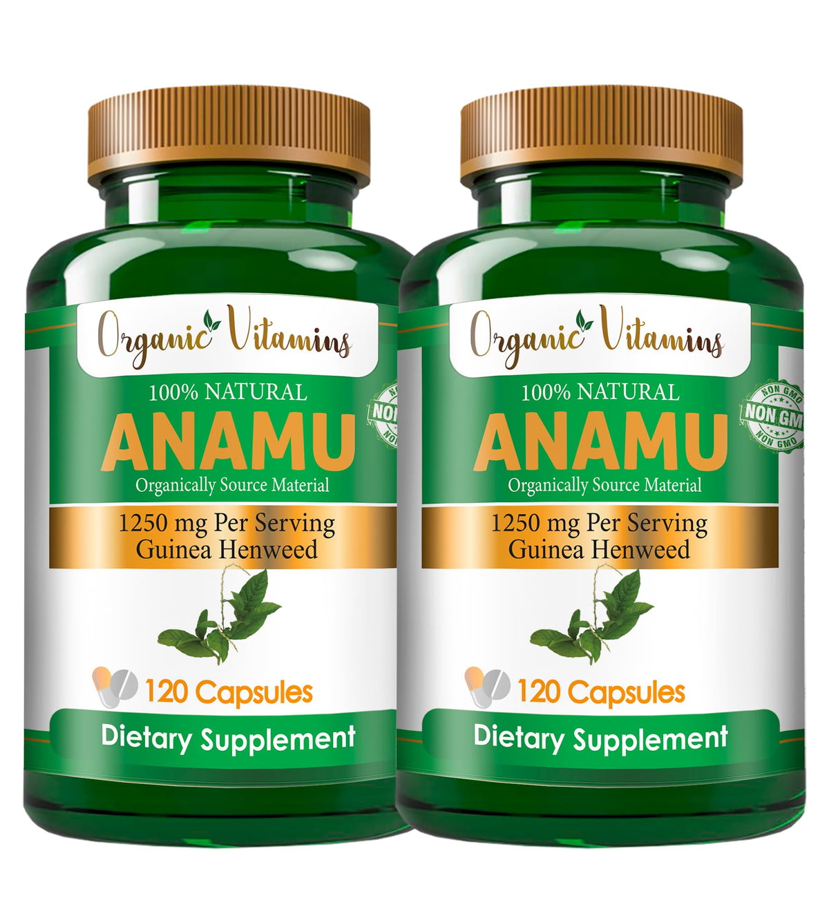 Front view of Vitamisan Organic Anamu 1250mg bottle with 240 capsules