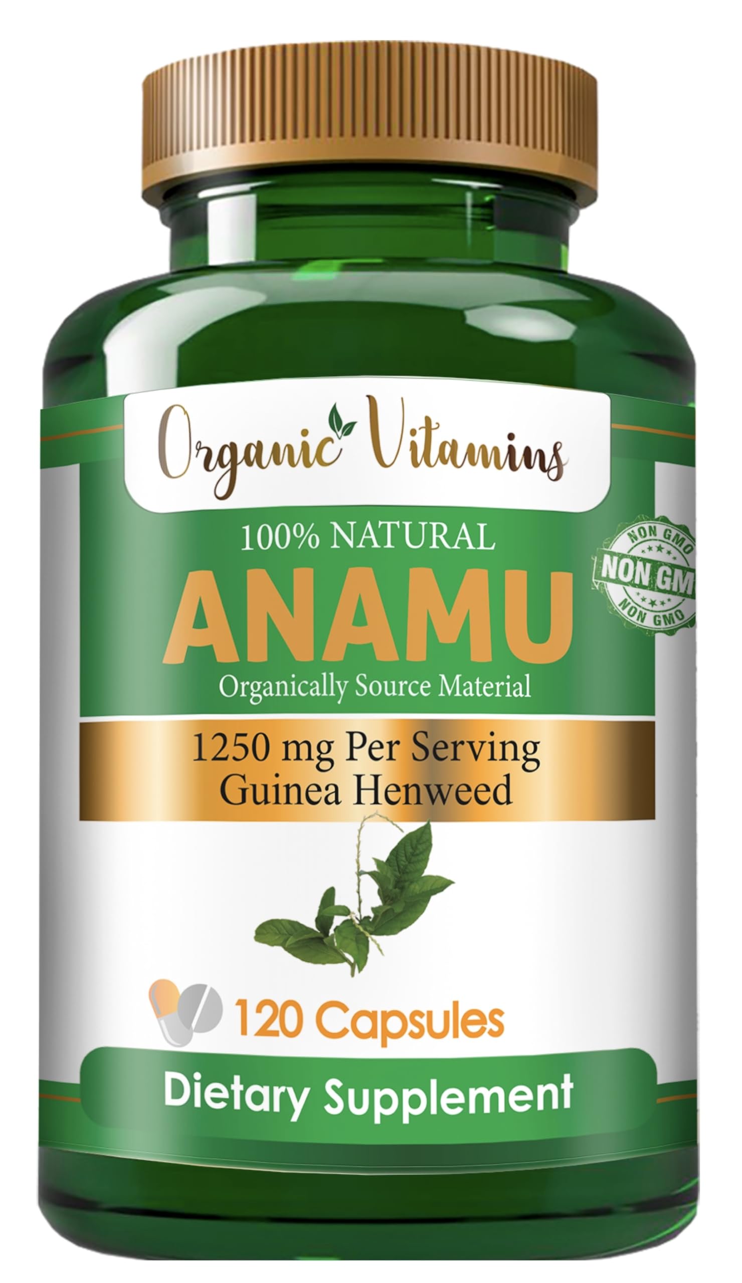 Close-up of Anamu 1250mg label showing Organic Petiveria alliacea