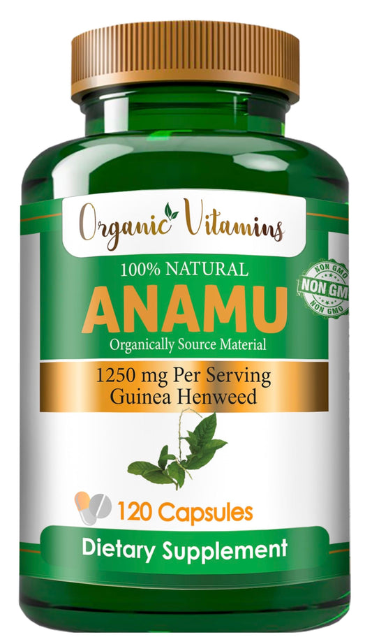 Close-up of Anamu 1250mg label showing Organic Petiveria alliacea