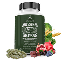 Front packaging view of Ancestral Greens Capsules bottle