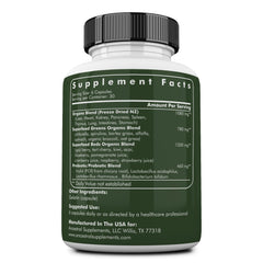 Illustration showing greens and reds ingredients including spirulina, chlorella and beef organs