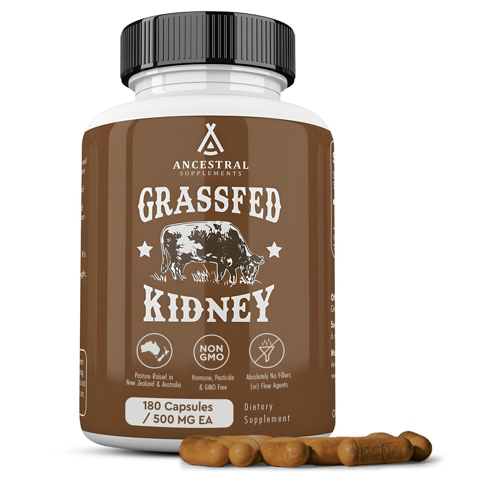 Bottle of Ancestral Supplements Kidney Health on white background