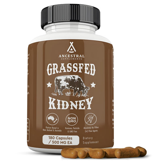 Bottle of Ancestral Supplements Kidney Health on white background