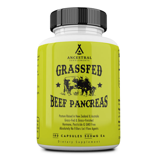 Bottle of Ancestral Pancreas Supplement 500 mg with 180 capsules
