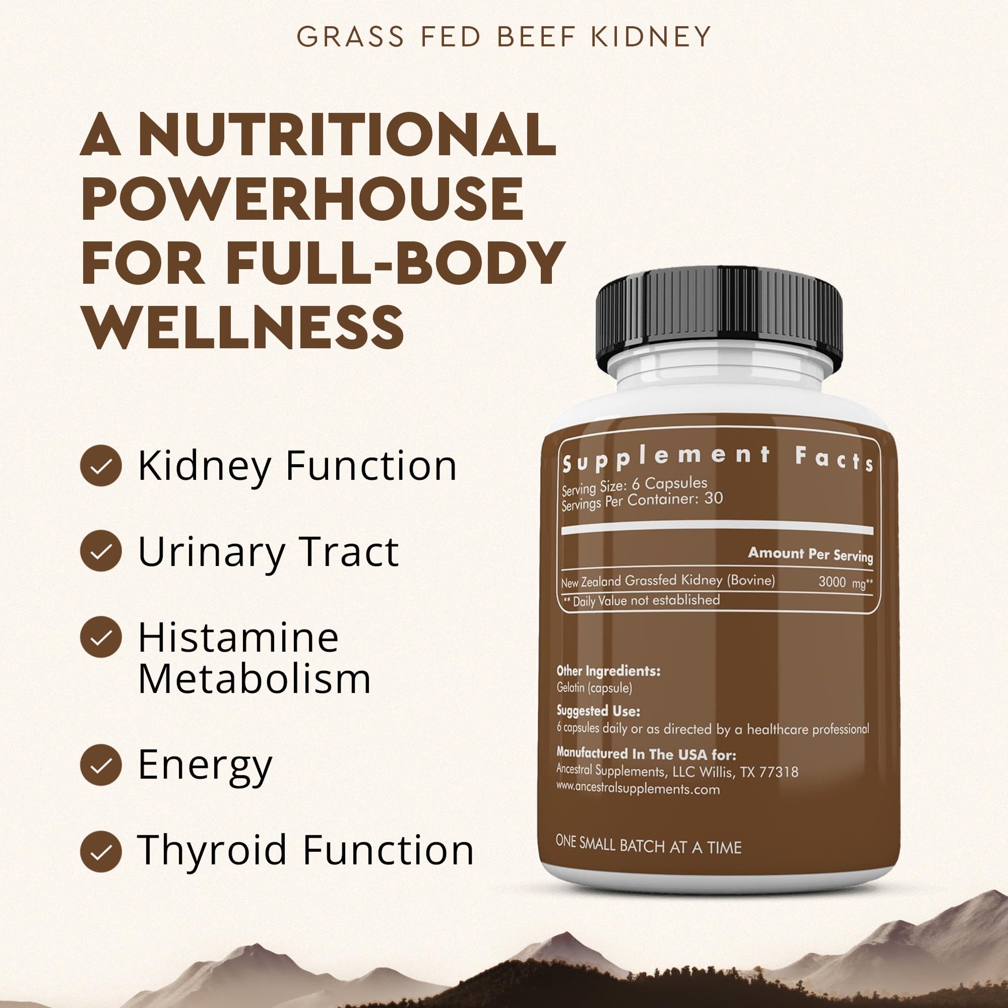 Ancestral Supplements DAO enzyme kidney health bottle highlighting histamine balance support.