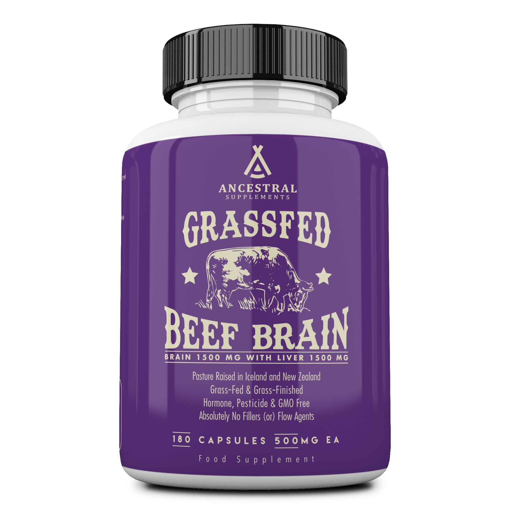 Bottle of Ancestral Supplements grass-fed beef brain and liver capsules