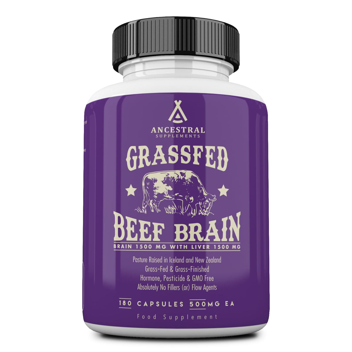 Bottle of Ancestral Supplements grass-fed beef brain and liver capsules