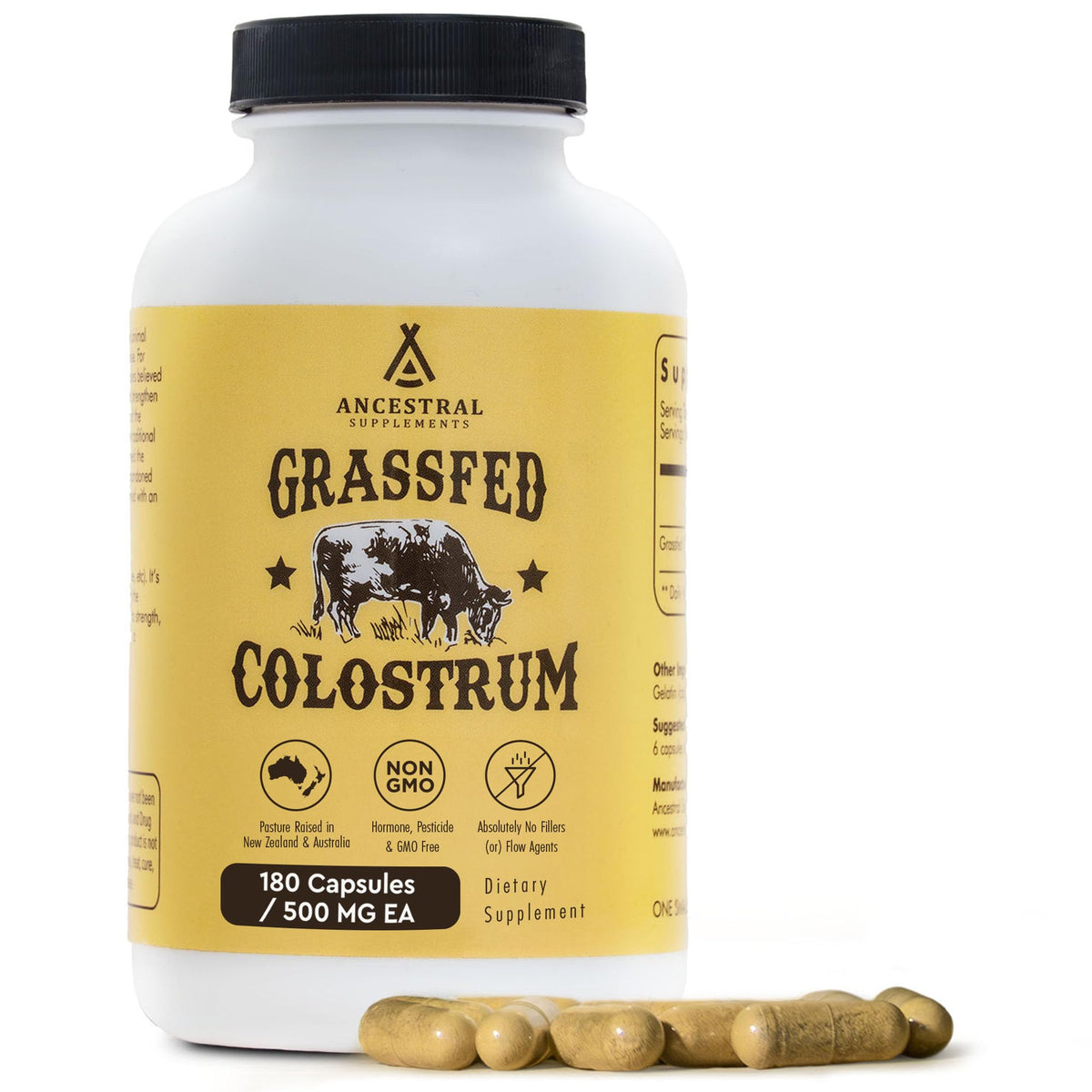 Bottle of Ancestral Supplements Grass-Fed Beef Colostrum 3000 mg capsules with label