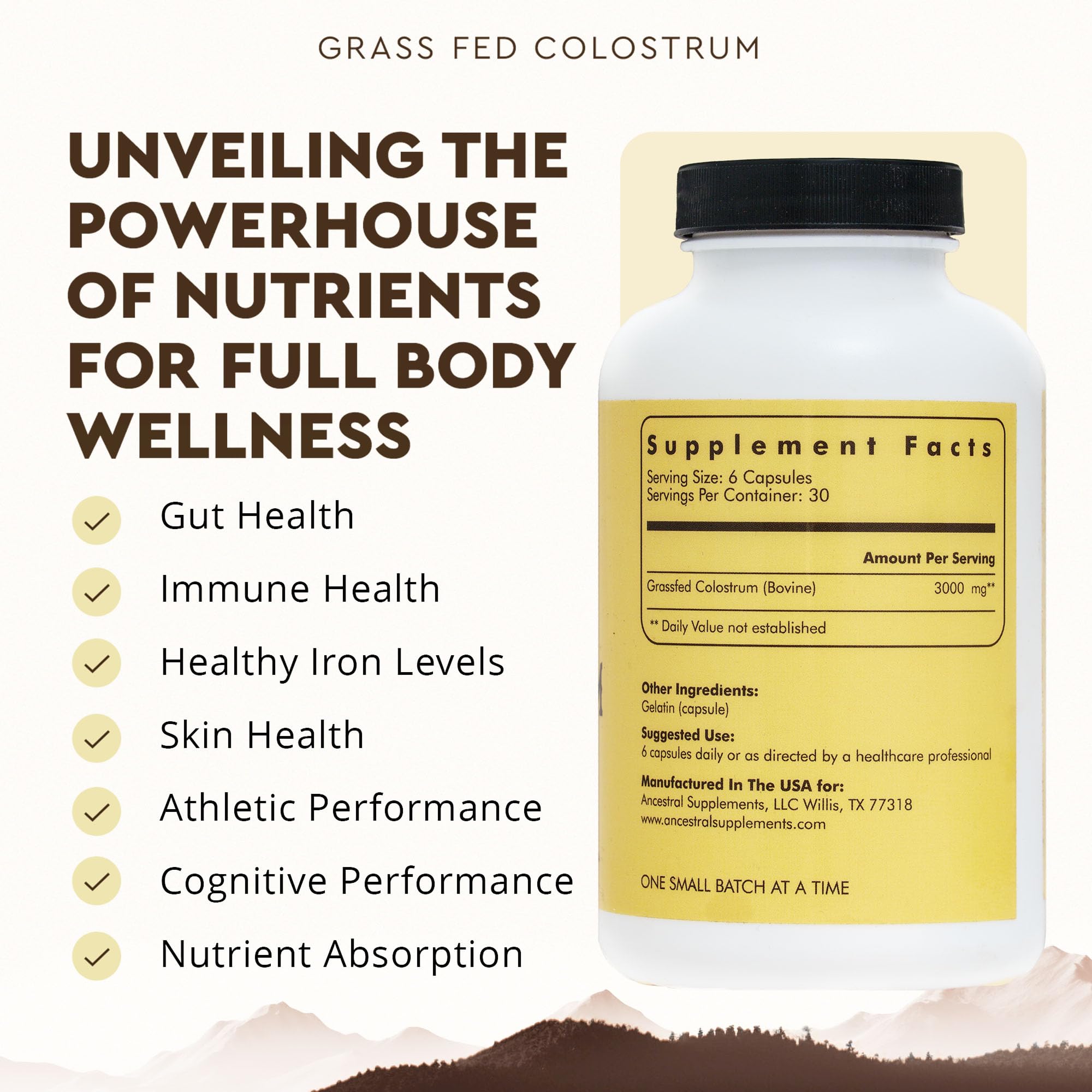 Nutrition label showing 3000 mg per serving on colostrum bottle