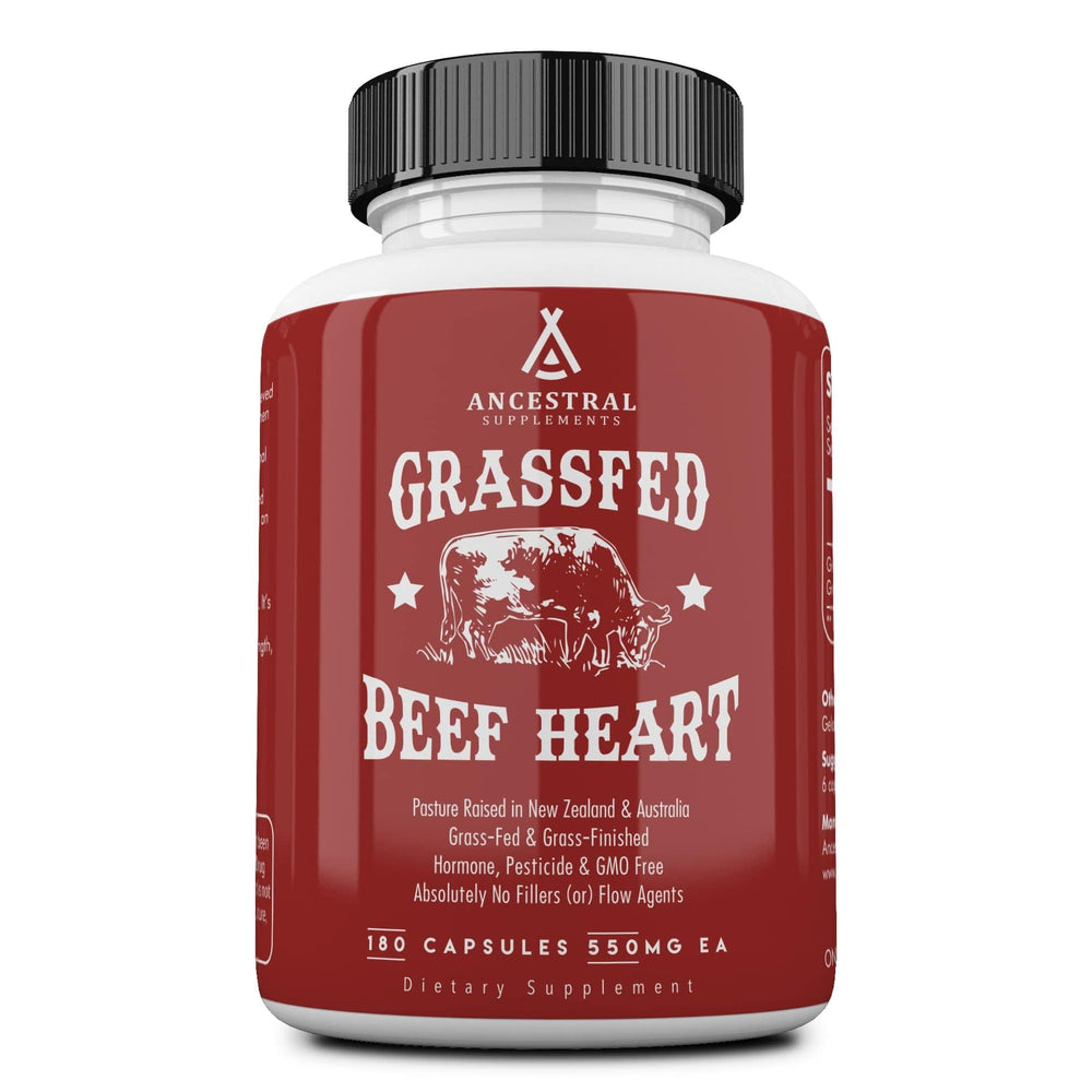 Ancestral Supplements grass-fed beef heart bottle highlighting heart and mitochondrial support