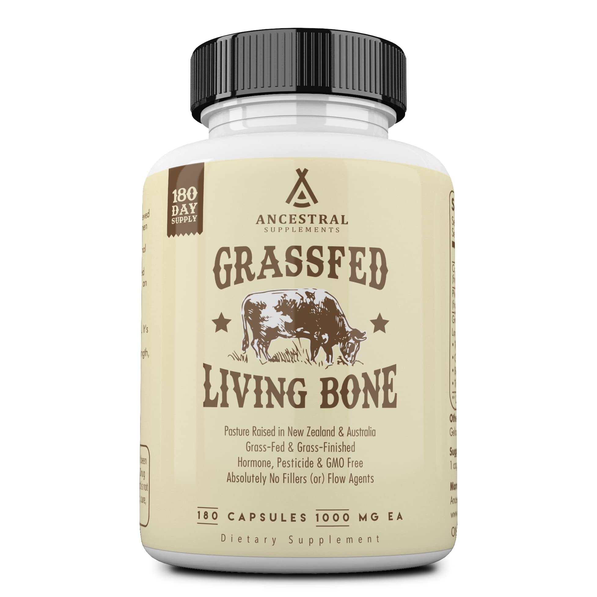 Bottle of Ancestral Supplements Grass-Fed Beef Living Bone Supplement with 180 capsules
