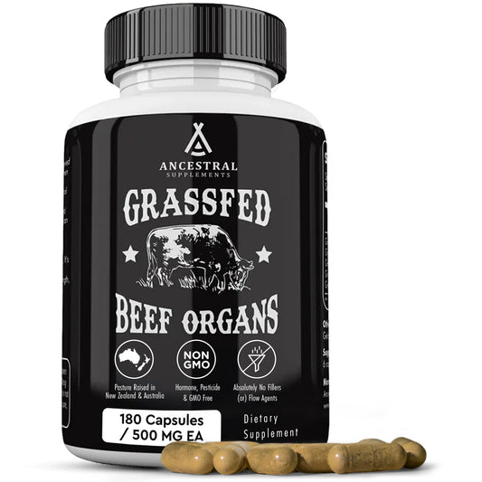 Ancestral Supplements Grass-Fed Beef Organs blend with liver, heart, kidney, pancreas and spleen capsules