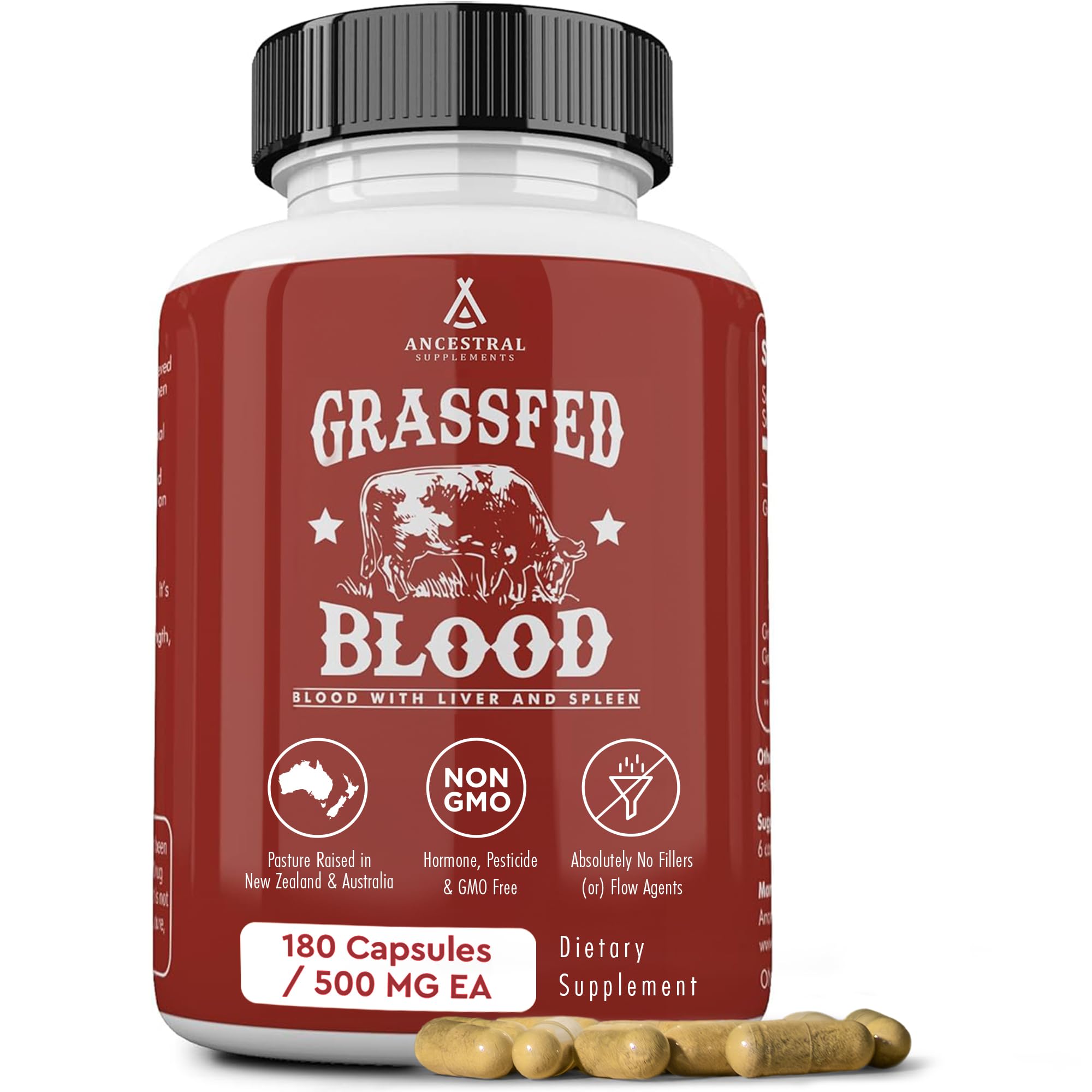 Ancestral Supplements grass fed blood bottle, highlighting whole-food energy and immune support.